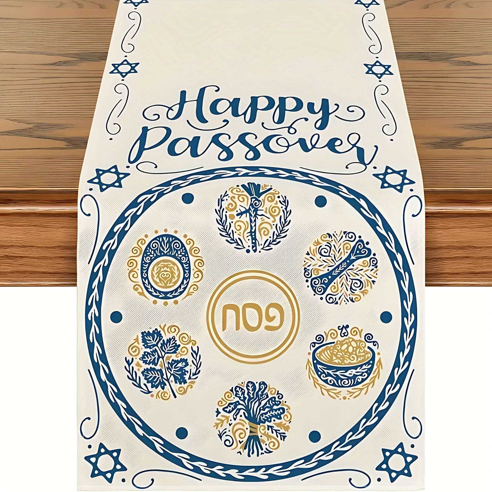 Blue and White Passover Tablecloth with Star of David – Rectangular, High Durability Polyester.