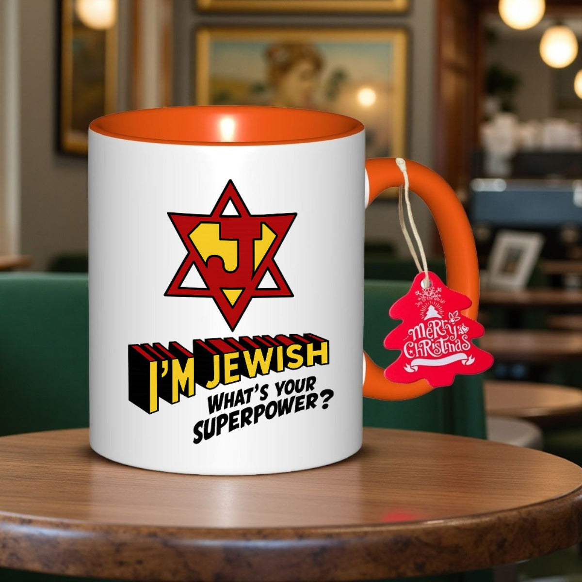 Taza Judía Divertida “I’m Jewish, What’s Your Superpower?” – Cerámica Blanca con Estrella de David y Letras Hebreas.