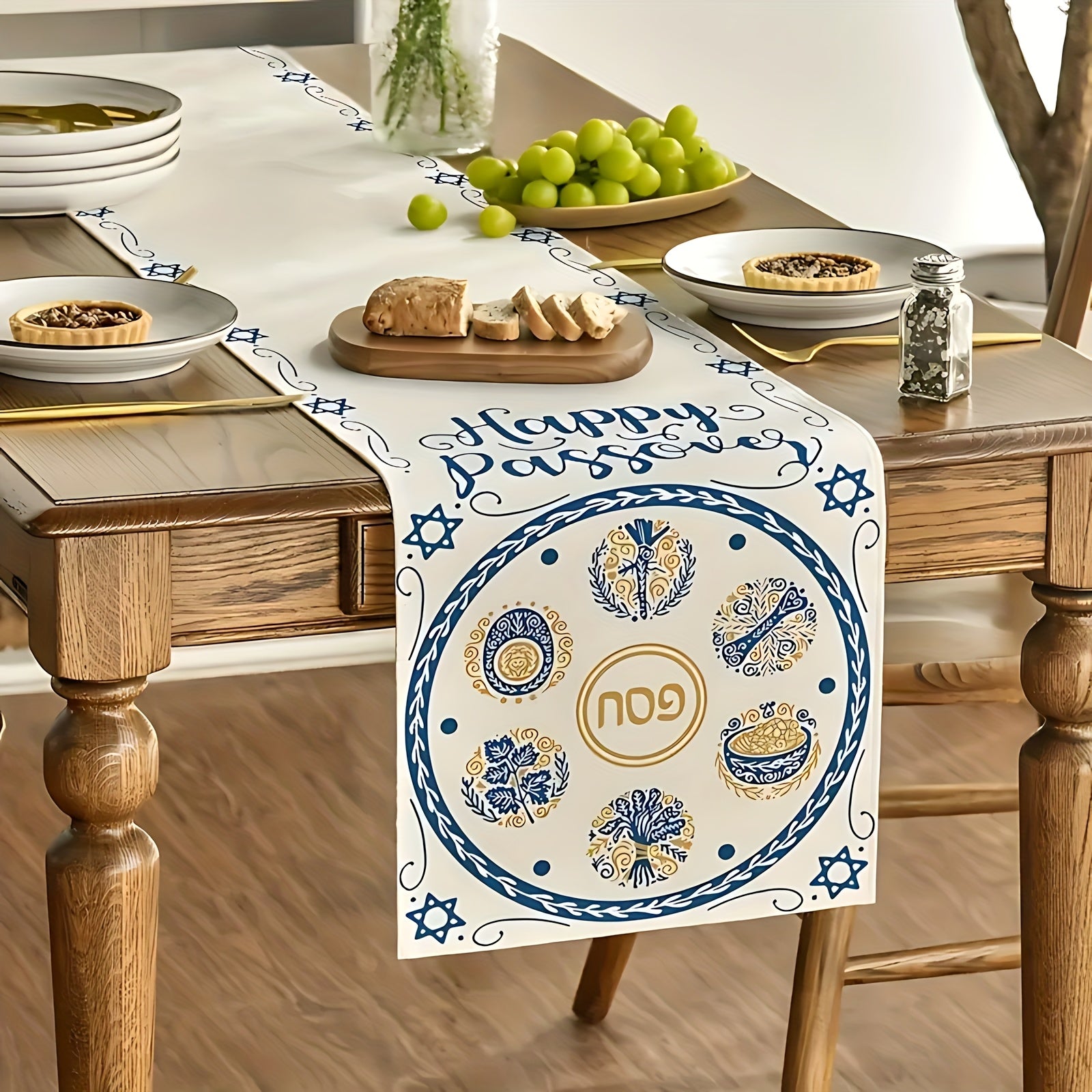 Blue and White Passover Tablecloth with Star of David – Rectangular, High Durability Polyester.