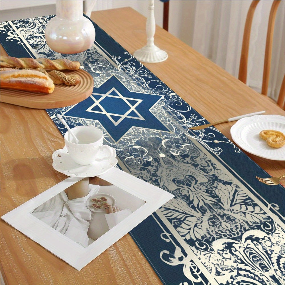 Camino de Mesa Azul y Blanco con Estrella de David — Elegancia y Tradición para las Fiestas Judías