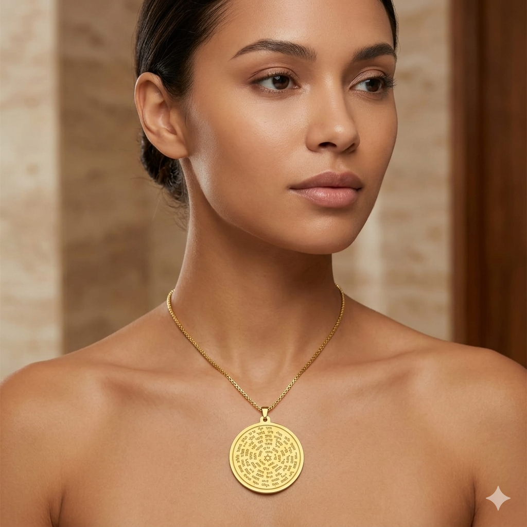Primer plano de una mujer con los hombros descubiertos luciendo un collar dorado con un medallón circular finamente grabado con texto en hebreo y una Estrella de David. israel es mazal