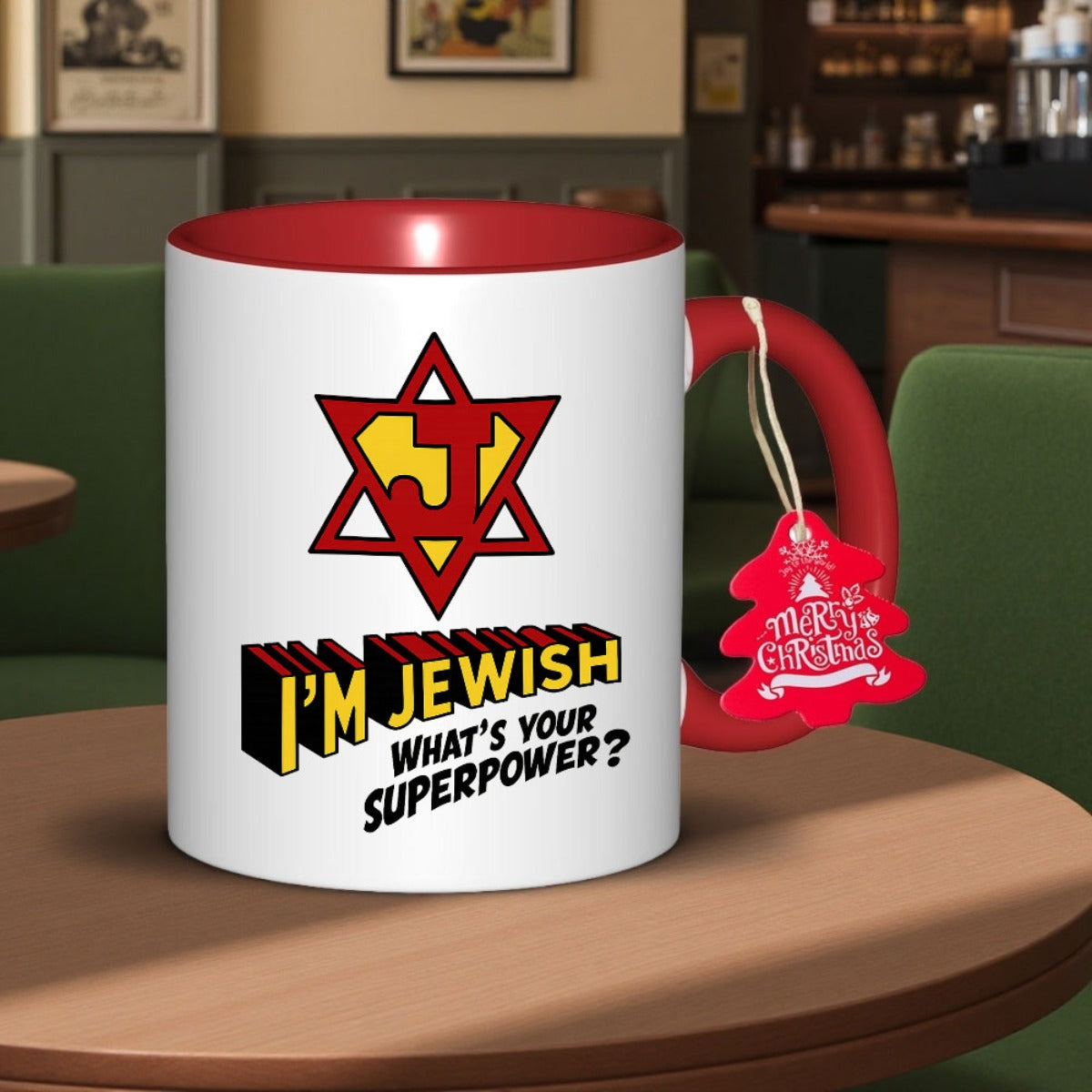 Taza Judía Divertida “I’m Jewish, What’s Your Superpower?” – Cerámica Blanca con Estrella de David y Letras Hebreas.