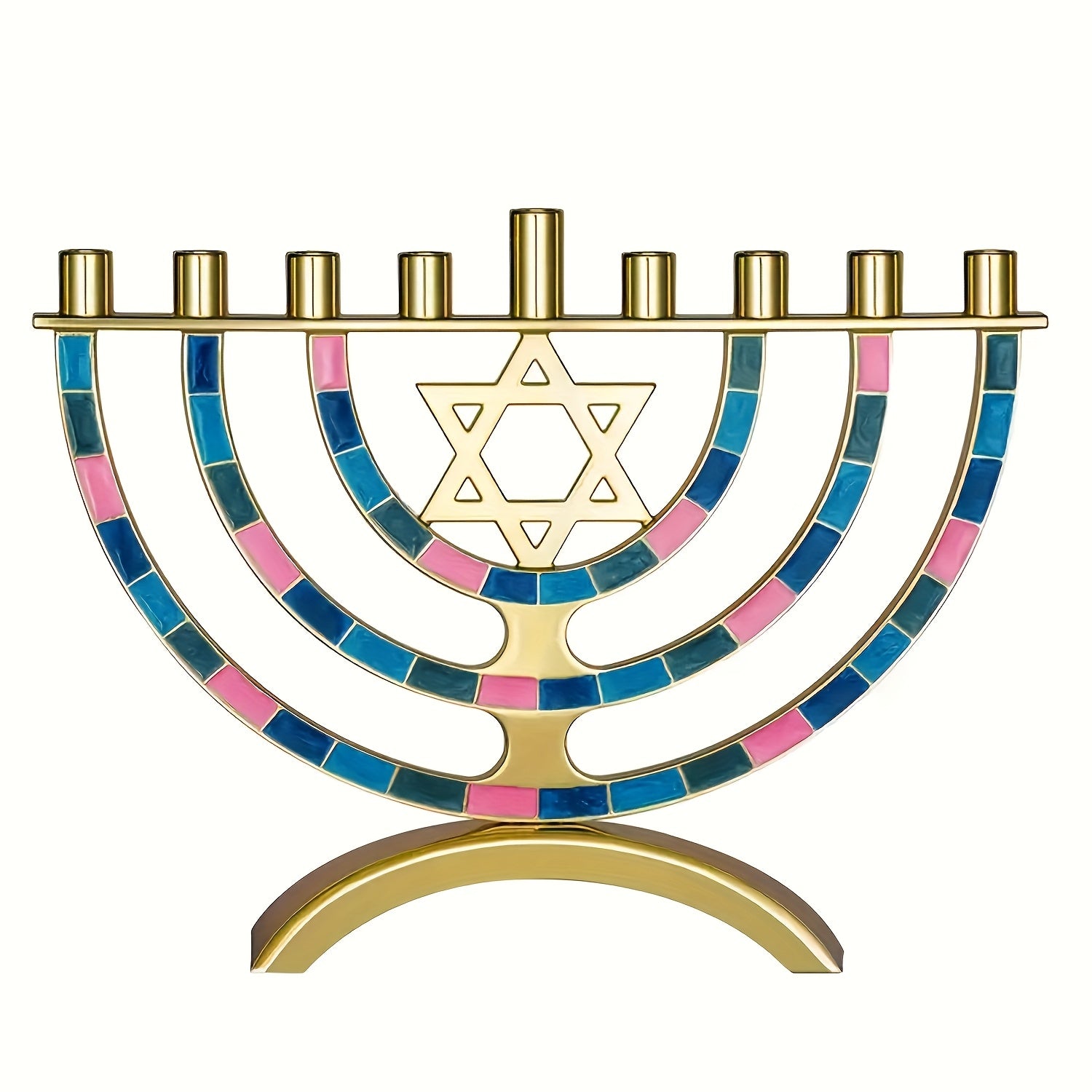 Menorá Moderna de Janucá con Base Arqueada Multicolor — Diseño Contemporáneo y Alegre para el Hogar Judío