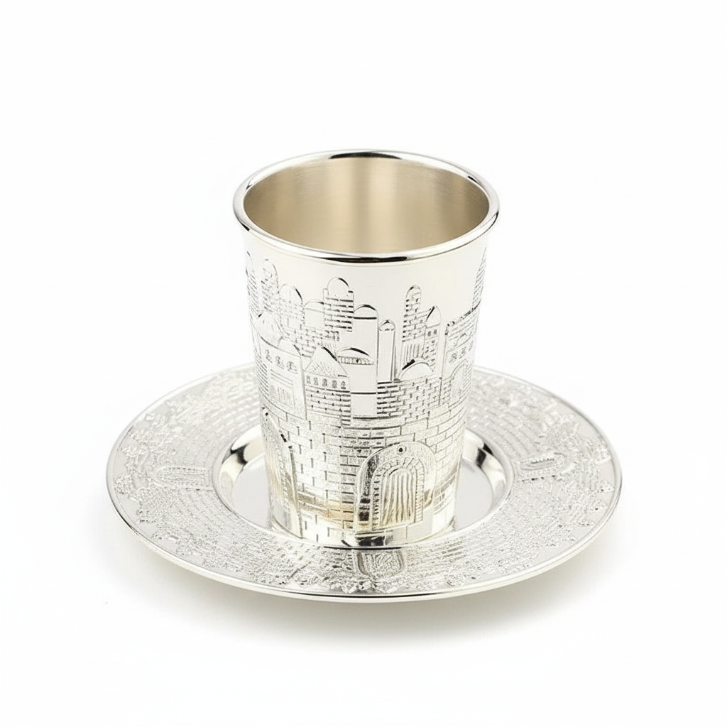 vaso-de-kiddush-con-plato-relieve-de-Jeruslén-plateado
